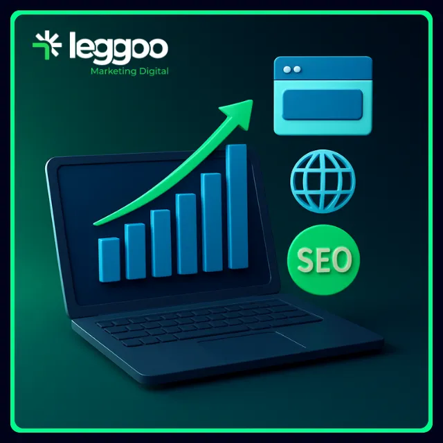 Notebook em ângulo lateral com gráfico de crescimento e elementos digitais, representando a criação de sites otimizados