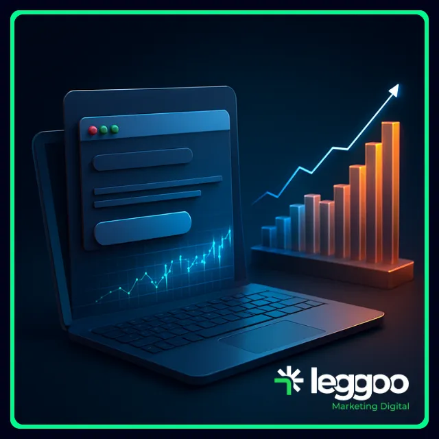 Laptop com interface digital e gráfico em alta, simbolizando a criação de sites otimizados para ranqueamento e conversão