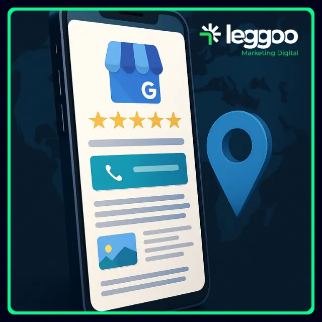 Smartphone exibindo um perfil do Google Meu Negócio com avaliações, botão de chamada e imagens