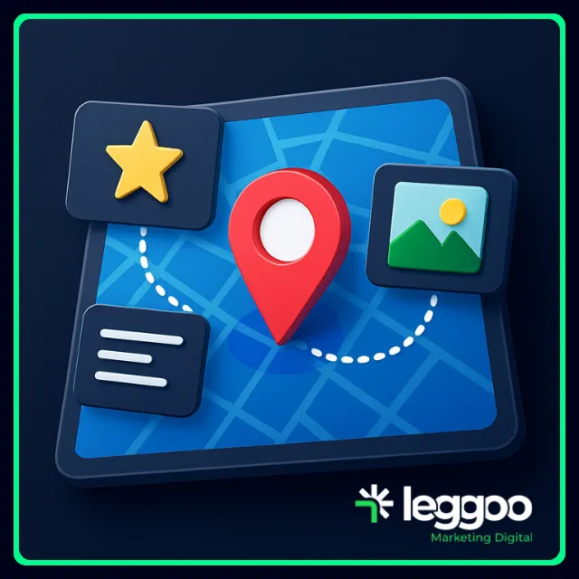 Mapa digital com marcador de localização, estrela de avaliação, imagem e conteúdo visual representando o Google Meu Negócio