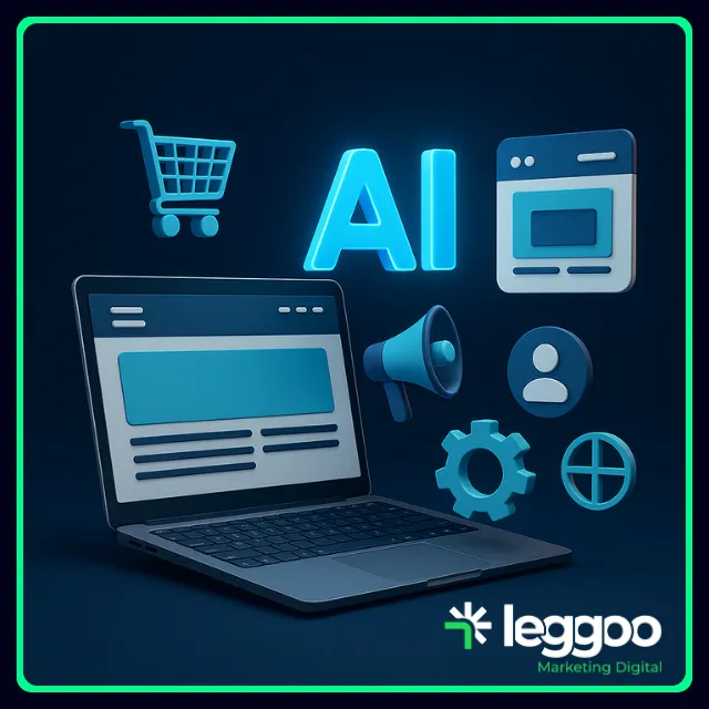 Gráfico de crescimento e elementos digitais representando os serviços de marketing digital oferecidos pela Leggoo